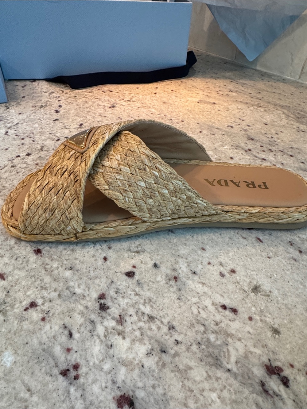 Prada Natural Raffia Crisscross Slide Sandals with Gold Logo - Picture 2 of 9